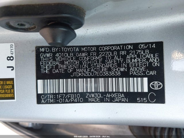Toyota Prius Two 2014 JTDKN3DU7E0383838 Image 9