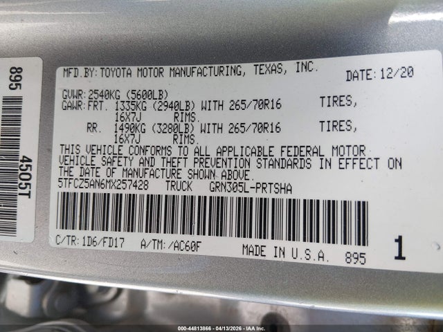 Auction sale of the 2021 Toyota Tacoma Trd Off-road, vin: 5TFCZ5AN6MX257428, lot number: 44813866