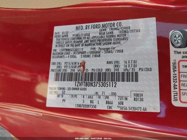 Auction sale of the 2007 Ford Mustang V6 Deluxe/v6 Premium, vin: 1ZVFT80N375305112, lot number: 44813897