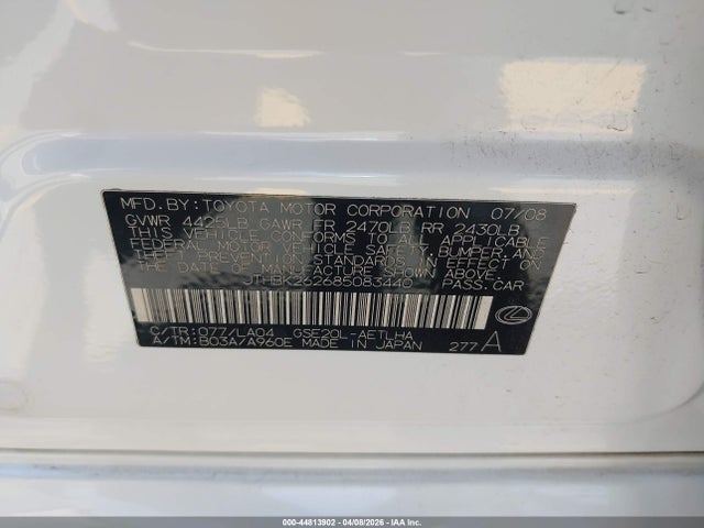 Продажа на аукционе авто 2008 Lexus Is 250, vin: JTHBK262685083440, номер лота: 44813902