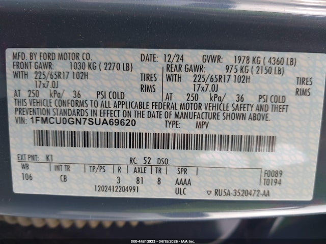 2025 Ford Escape Active მანქანა იყიდება აუქციონზე, vin: 1FMCU0GN7SUA69620, აუქციონის ნომერი: 44813923