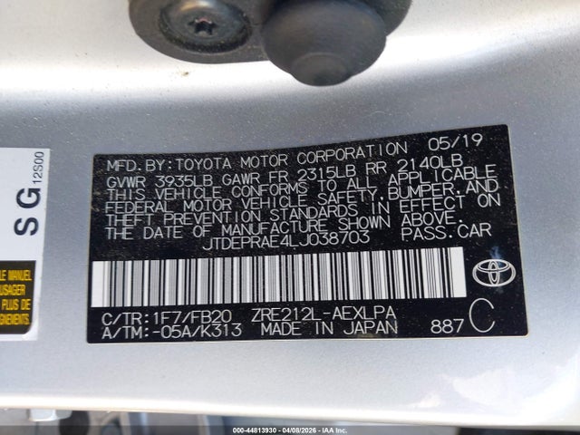 JTDEPRAE4LJ038703 Toyota COROLLA LE