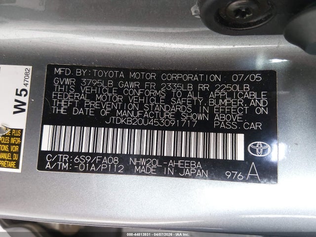 44813931 :رقم المزاد ، JTDKB20U453091717 vin ، 2005 Toyota Prius مزاد بيع