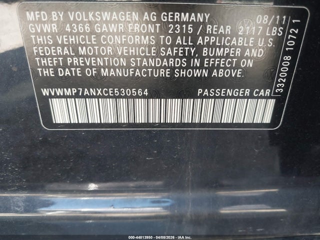 Aukcja sprzedaży 2012 Volkswagen Cc Sport, vin: WVWMP7ANXCE530564, numer aukcji: 44813950