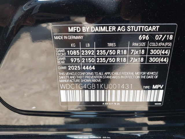 WDCTG4GB1KU001431 Mercedes-Benz Gla 250 4matic