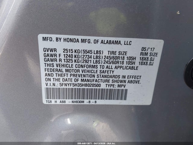 5FNYF5H35HB020500 Honda Pilot Ex