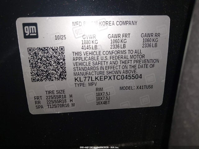 Продаж на аукціоні авто 2026 Chevrolet Trax Fwd Activ, vin: KL77LKEPXTC045504, номер лоту: 44813974