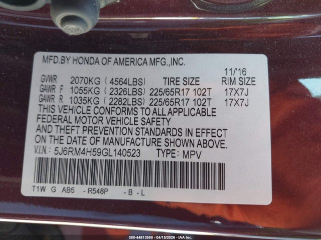 Honda CR-V EX 2016 5J6RM4H59GL140523 Image 9