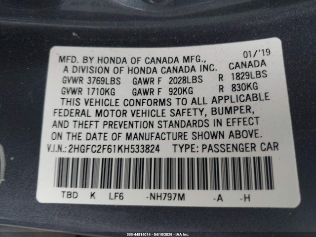 Honda Civic Lx 2019 2HGFC2F61KH533824 Image 9