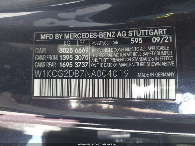 44814028 :رقم المزاد ، W1KCG2DB7NA004019 vin ، 2022 Mercedes-benz Eqs 450+ مزاد بيع