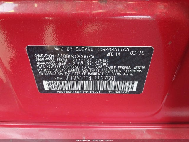 44814029 :رقم المزاد ، JF1VA1C64J8837691 vin ، 2018 Subaru Wrx Premium مزاد بيع