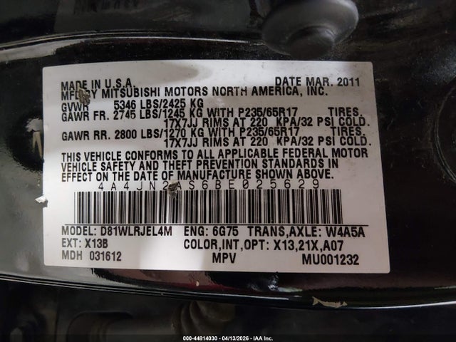 44814030 :رقم المزاد ، 4A4JN2AS6BE025629 vin ، 2011 Mitsubishi Endeavor مزاد بيع