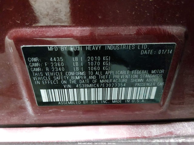 Продаж на аукціоні авто 2014 Subaru Legacy 2.5i Premium, vin: 4S3BMBC67E3023354, номер лоту: 44814042