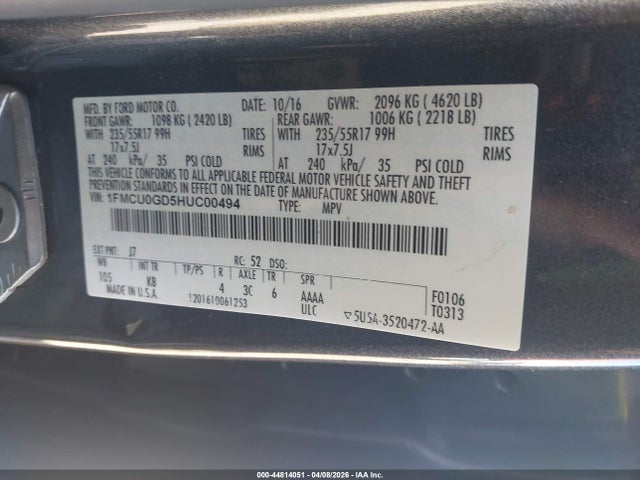 Aukcja sprzedaży 2017 Ford Escape Se, vin: 1FMCU0GD5HUC00494, numer aukcji: 44814051
