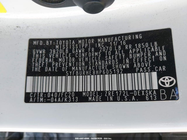Aukcja sprzedaży 2017 Toyota Corolla Se, vin: 5YFBURHE8HP605192, numer aukcji: 44814066
