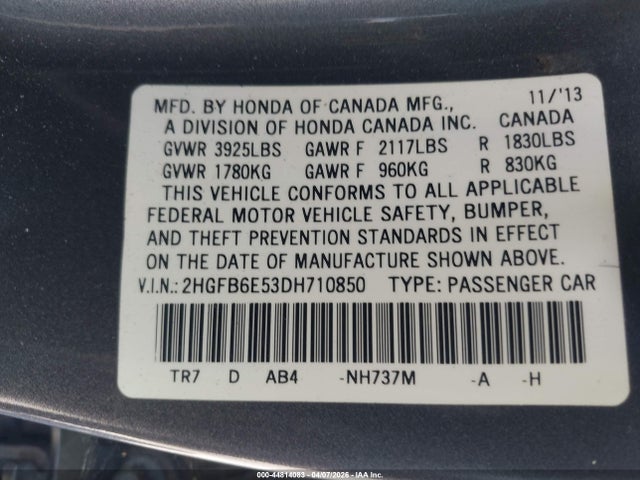 2013 Honda Civic Si მანქანა იყიდება აუქციონზე, vin: 2HGFB6E53DH710850, აუქციონის ნომერი: 44814083