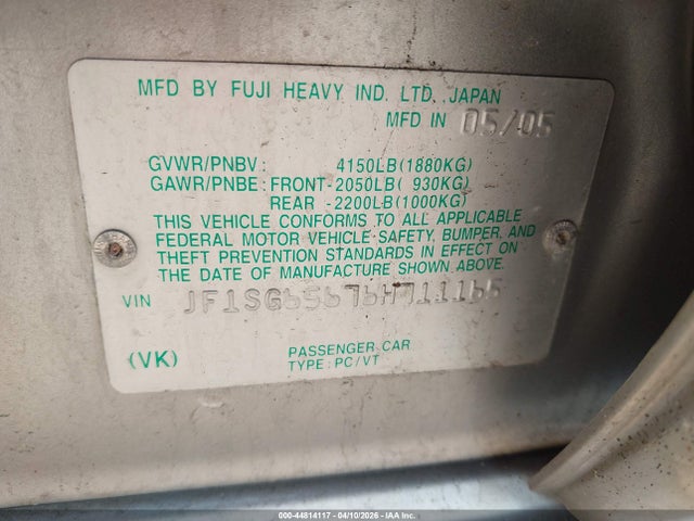 Продаж на аукціоні авто 2006 Subaru Forester 2.5x, vin: JF1SG65676H711165, номер лоту: 44814117