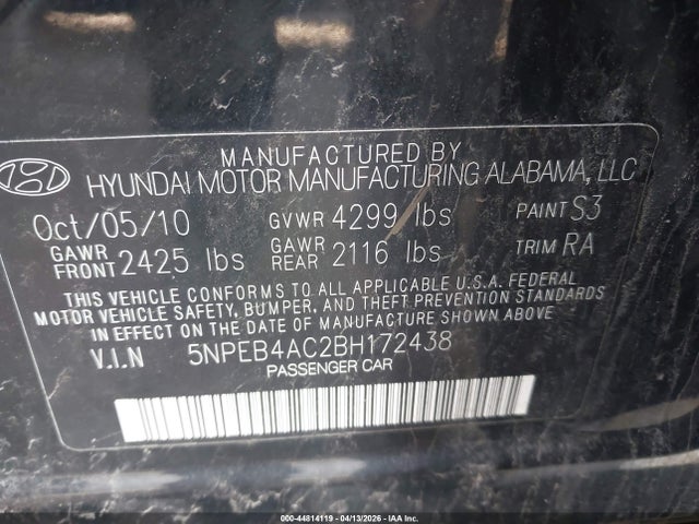 Продажа на аукционе авто 2011 Hyundai Sonata Gls, vin: 5NPEB4AC2BH172438, номер лота: 44814119