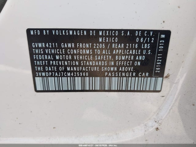 Aukcja sprzedaży 2012 Volkswagen Jetta 2.5l Se, vin: 3VWDP7AJ7CM425968, numer aukcji: 44814121