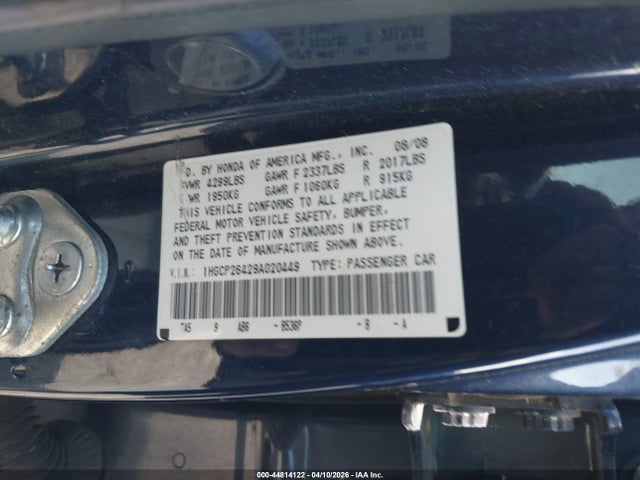 44814122 :رقم المزاد ، 1HGCP26429A020449 vin ، 2009 Honda Accord 2.4 Lx-p مزاد بيع