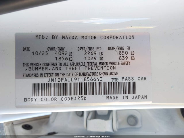 Aukcja sprzedaży 2026 Mazda Mazda3 2.5 S Preferred, vin: JM1BPALL9T1856640, numer aukcji: 44814132