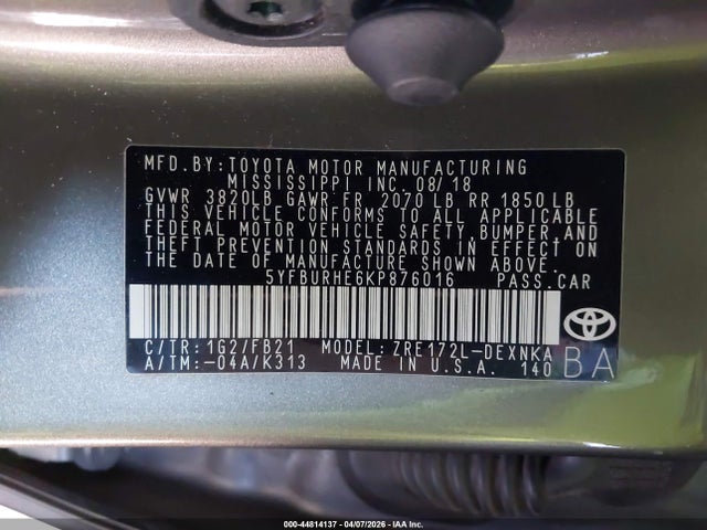 Toyota COROLLA LE 2019 5YFBURHE6KP876016 Image 9
