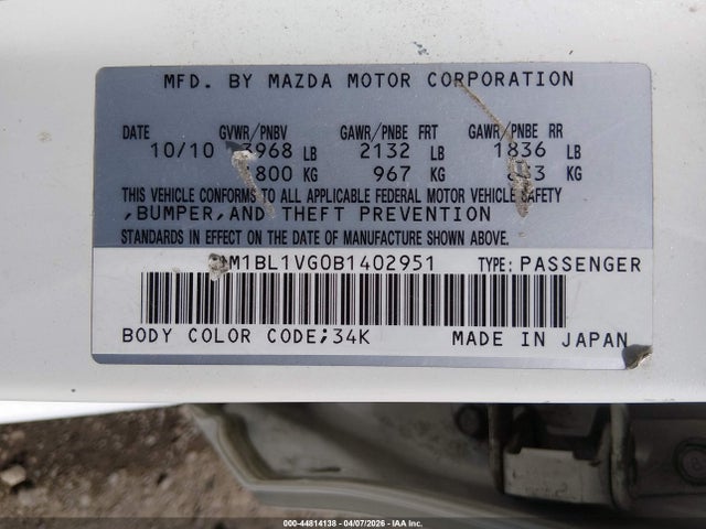 Продаж на аукціоні авто 2011 Mazda Mazda3 I Touring, vin: JM1BL1VG0B1402951, номер лоту: 44814138