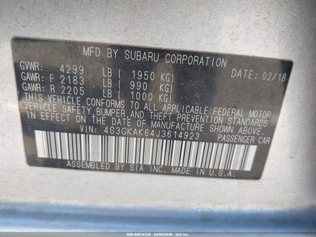 44814139 :رقم المزاد ، 4S3GKAK64J3614923 vin ، 2018 Subaru Impreza 2.0i Sport مزاد بيع