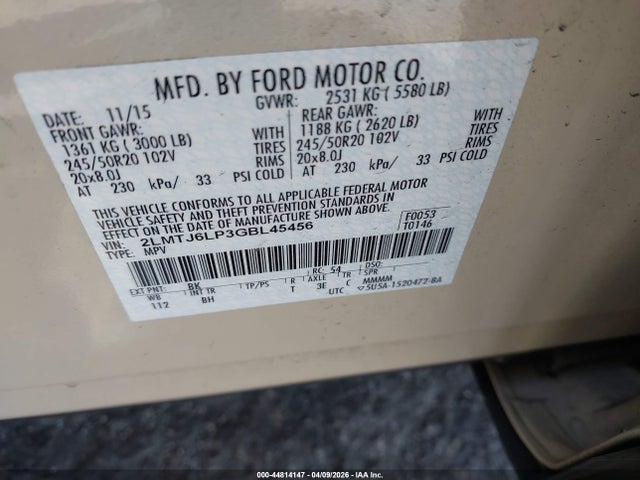 44814147 :رقم المزاد ، 2LMTJ6LP3GBL45456 vin ، 2016 Lincoln Mkx Reserve مزاد بيع