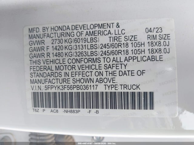 5FPYK3F56PB036117 Honda Ridgeline Rtl