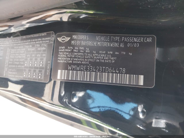 Aukcja sprzedaży 2003 Mini Cooper S, vin: WMWRE33423TD64478, numer aukcji: 44814181