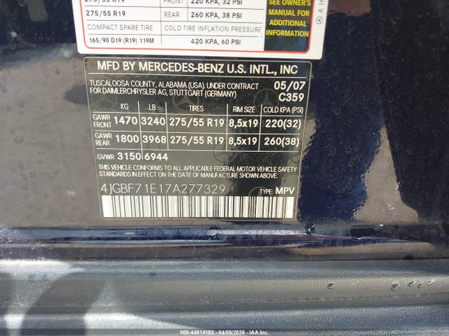 44814183 :رقم المزاد ، 4JGBF71E17A277329 vin ، 2007 Mercedes-benz Gl 450 4matic مزاد بيع