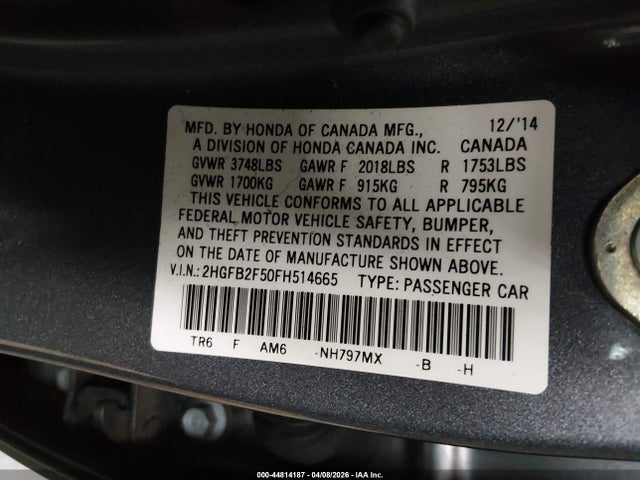 44814187 :رقم المزاد ، 2HGFB2F50FH514665 vin ، 2015 Honda Civic Lx مزاد بيع