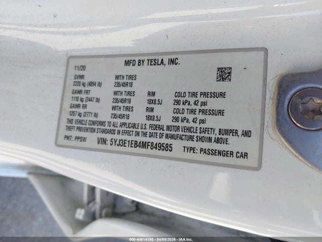 Aukcja sprzedaży 2021 Tesla Model 3 Long Range Dual Motor All-wheel Drive, vin: 5YJ3E1EB4MF849585, numer aukcji: 44814188