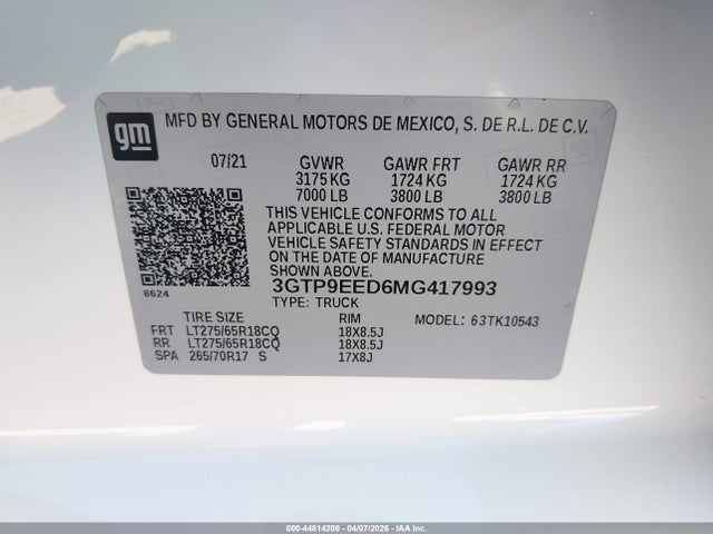 Продаж на аукціоні авто 2021 Gmc Sierra 1500 4wd  Short Box At4, vin: 3GTP9EED6MG417993, номер лоту: 44814208
