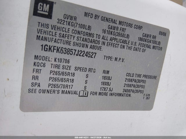 Aukcja sprzedaży 2007 Gmc Yukon Denali, vin: 1GKFK63857J224527, numer aukcji: 44814231