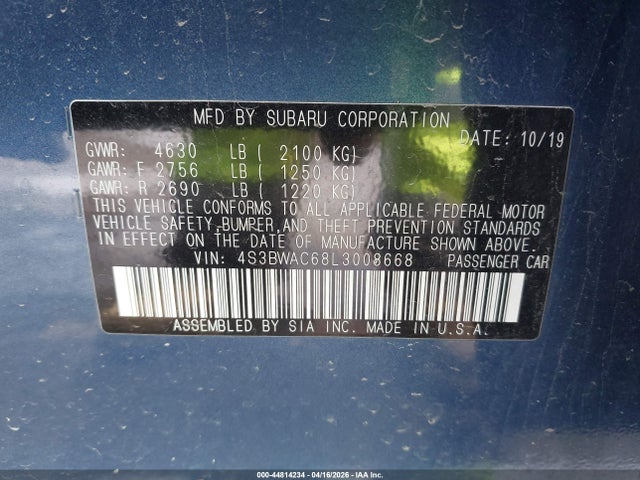 2020 Subaru Legacy Premium მანქანა იყიდება აუქციონზე, vin: 4S3BWAC68L3008668, აუქციონის ნომერი: 44814234