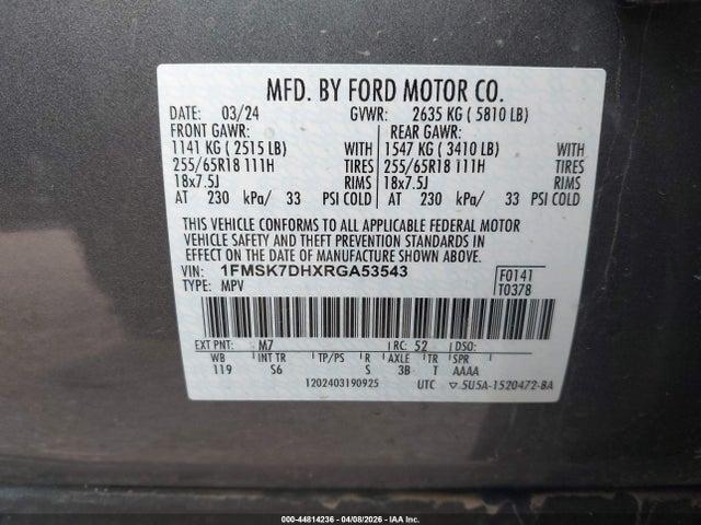 44814236 :رقم المزاد ، 1FMSK7DHXRGA53543 vin ، 2024 Ford Explorer Xlt مزاد بيع