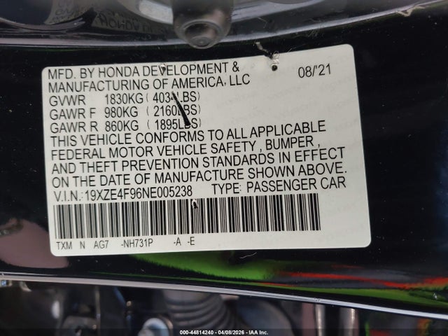 Aukcja sprzedaży 2022 Honda Insight Touring, vin: 19XZE4F96NE005238, numer aukcji: 44814240