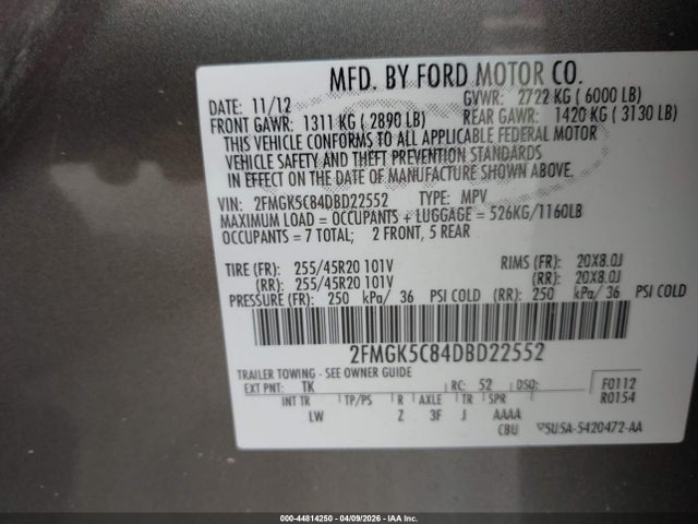 2013 Ford Flex Sel მანქანა იყიდება აუქციონზე, vin: 2FMGK5C84DBD22552, აუქციონის ნომერი: 44814250