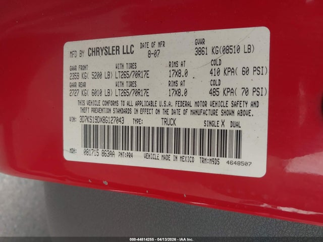 44814255 :رقم المزاد ، 3D7KS19DX8G127043 vin ، 2008 Dodge Ram 1500 Sxt/slt مزاد بيع