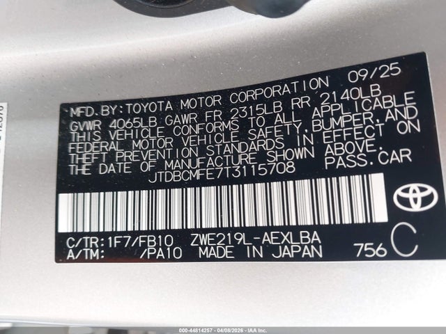 JTDBCMFE7T3115708 Toyota Corolla Hybrid Hybrid Le