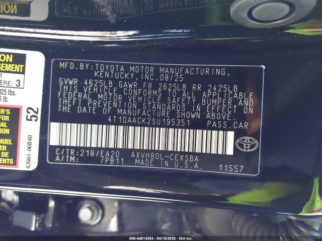 2025 Toyota Camry Se მანქანა იყიდება აუქციონზე, vin: 4T1DAACK2SU195351, აუქციონის ნომერი: 44814264