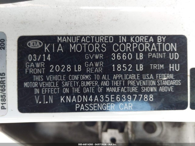 Aukcja sprzedaży 2014 Kia Rio Ex, vin: KNADN4A35E6397788, numer aukcji: 44814265