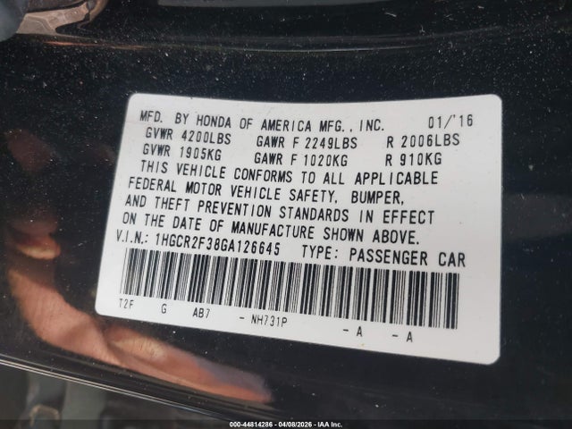 Aukcja sprzedaży 2016 Honda Accord Lx, vin: 1HGCR2F38GA126645, numer aukcji: 44814286