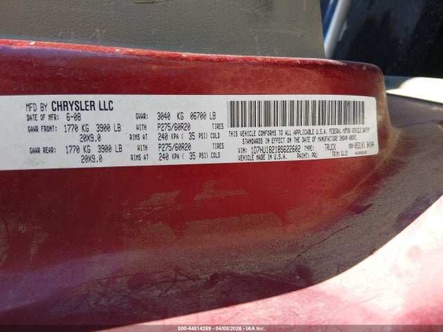 2008 Dodge Ram 1500 Laramie მანქანა იყიდება აუქციონზე, vin: 1D7HU18218S622602, აუქციონის ნომერი: 44814289