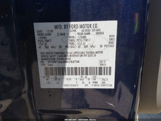 44814291 :رقم المزاد ، 1FTRF12238KC52738 vin ، 2008 Ford F-150 Stx/xl/xlt مزاد بيع