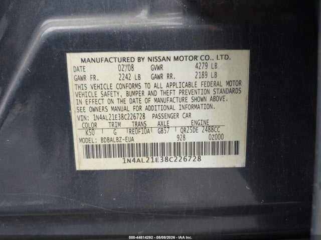 44814292 :رقم المزاد ، 1N4AL21E38C226728 vin ، 2008 Nissan Altima 2.5 S مزاد بيع