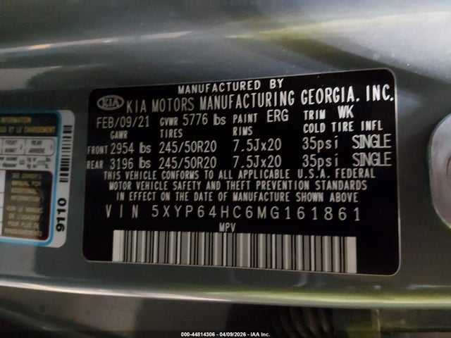 44814306 :رقم المزاد ، 5XYP64HC6MG161861 vin ، 2021 Kia Telluride S مزاد بيع