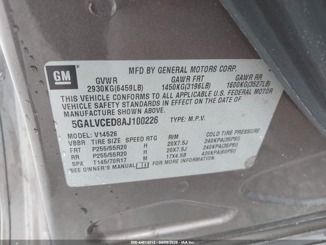 Aukcja sprzedaży 2010 Buick Enclave 2xl, vin: 5GALVCED8AJ100226, numer aukcji: 44814312